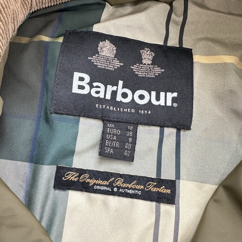 BARBOUR Lockton Corduroy-Trim Quilted Coat Women's 8 Olive Green Cropped Sleeve - Picture 5 of 13